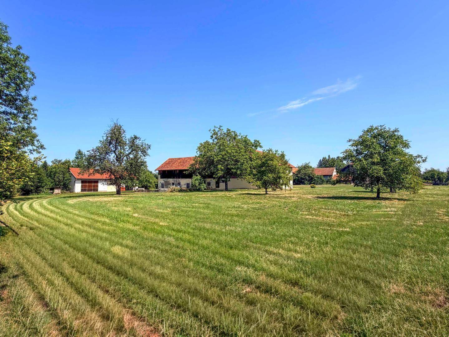 Weitläufige grüne Wiesenlandschaft mit vereinzelten Bäumen und Häusern in der Ferne.