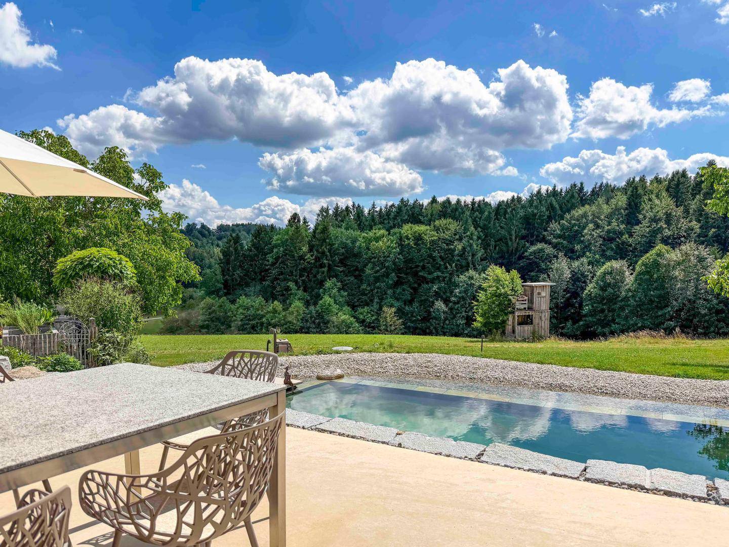 Sonnige Terrasse mit Esstisch und Stühlen, bietet einen weiten Blick auf den Naturpool und die Landschaft.