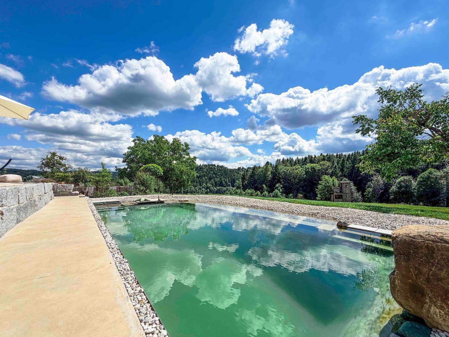 Idyllischer Naturpool mit Kiesumrandung und weitem Blick auf die umliegende Waldlandschaft.