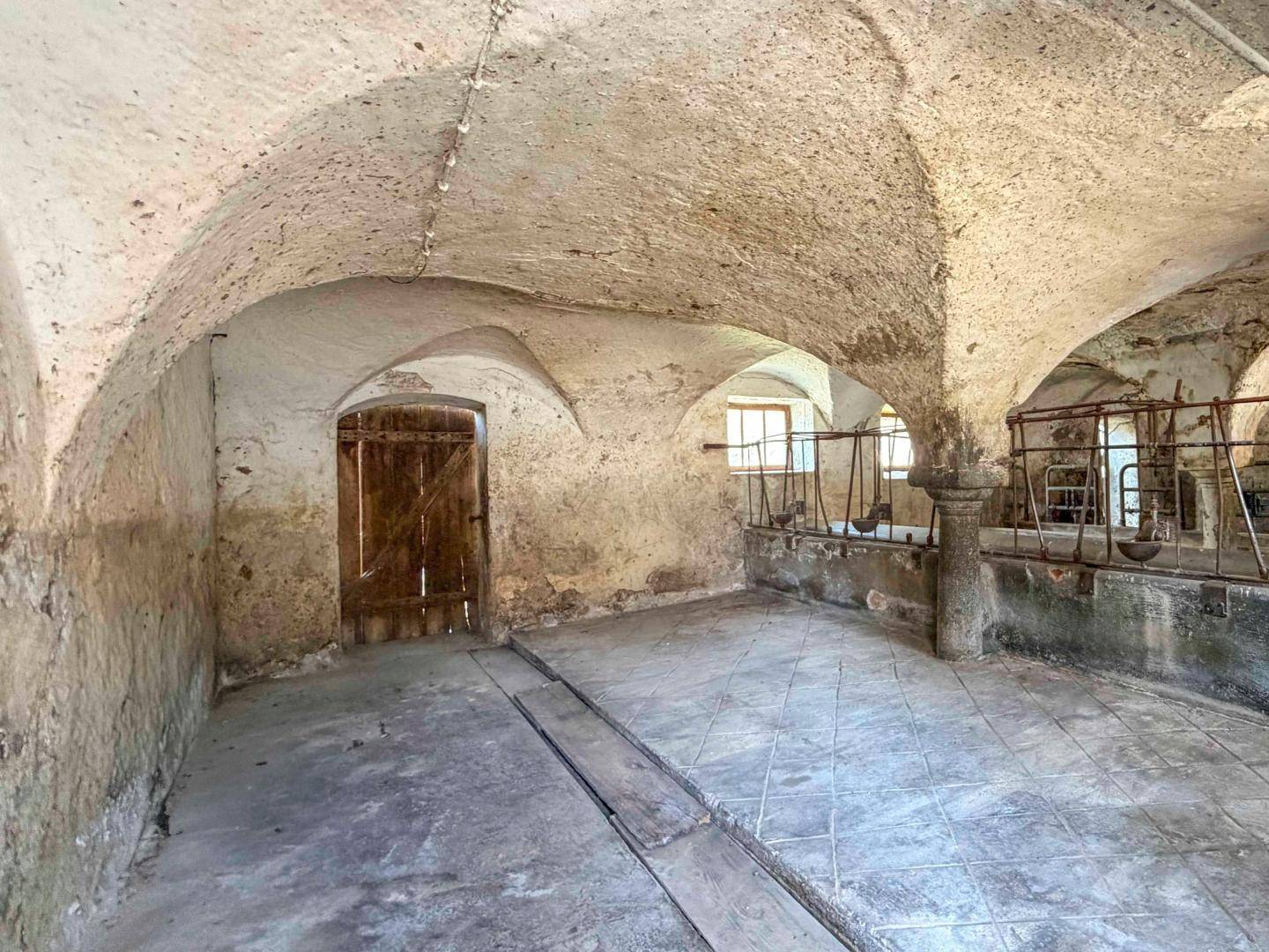 Historischer Gewölbekeller mit Steinwänden und kleinen Fenstern, ehemals als Stall genutzt.