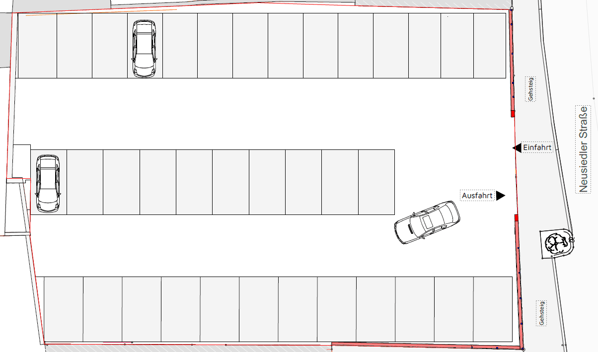 Grundrissplan eines Parkplatzes mit markierten Stellplätzen und Ein-/Ausfahrten.