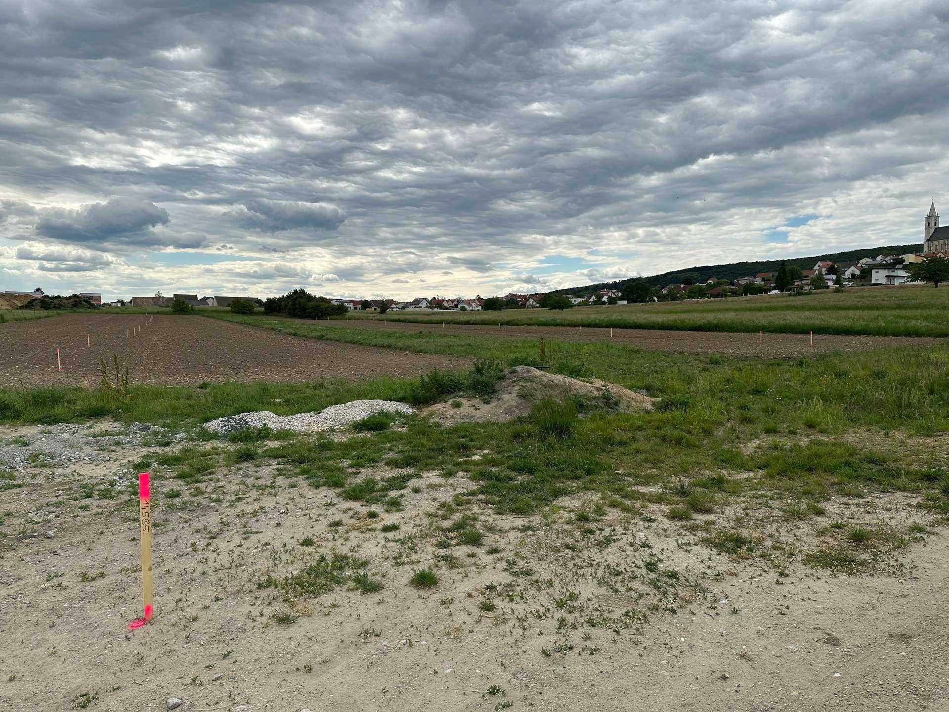 Blick über einen Feldweg auf Ackerland und ein Dorf mit Kirche in der Ferne unter bewölktem Himmel.