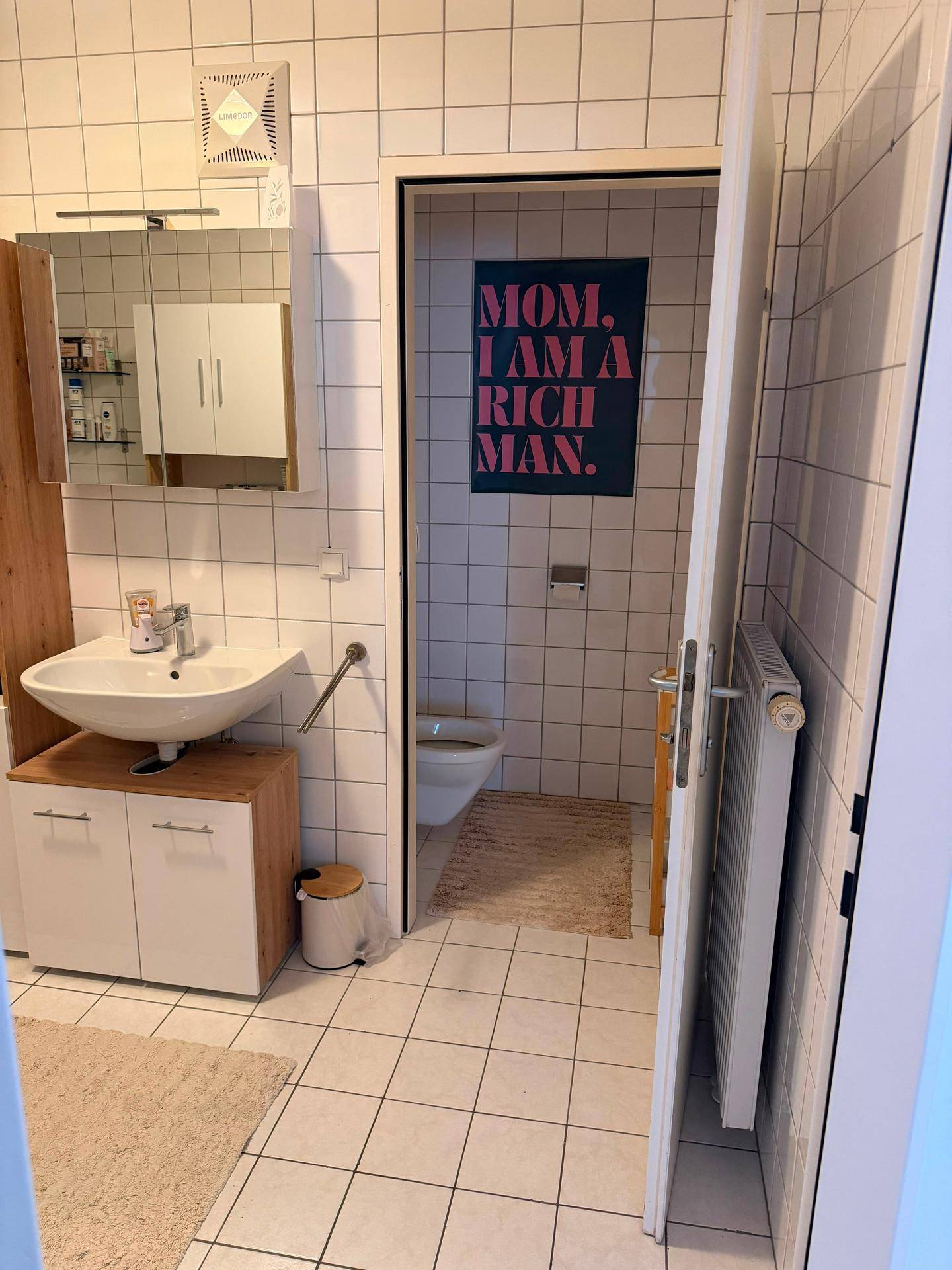 Badezimmer mit Waschbecken, Spiegelschrank und Zugang zu einer separaten Toilette.
