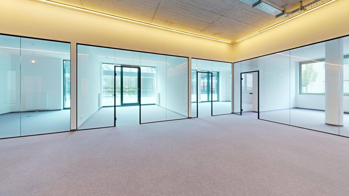 Großzügiger Bürobereich mit mehreren Glasbüros und Teppichboden, ideal für eine moderne Arbeitsumgebung.