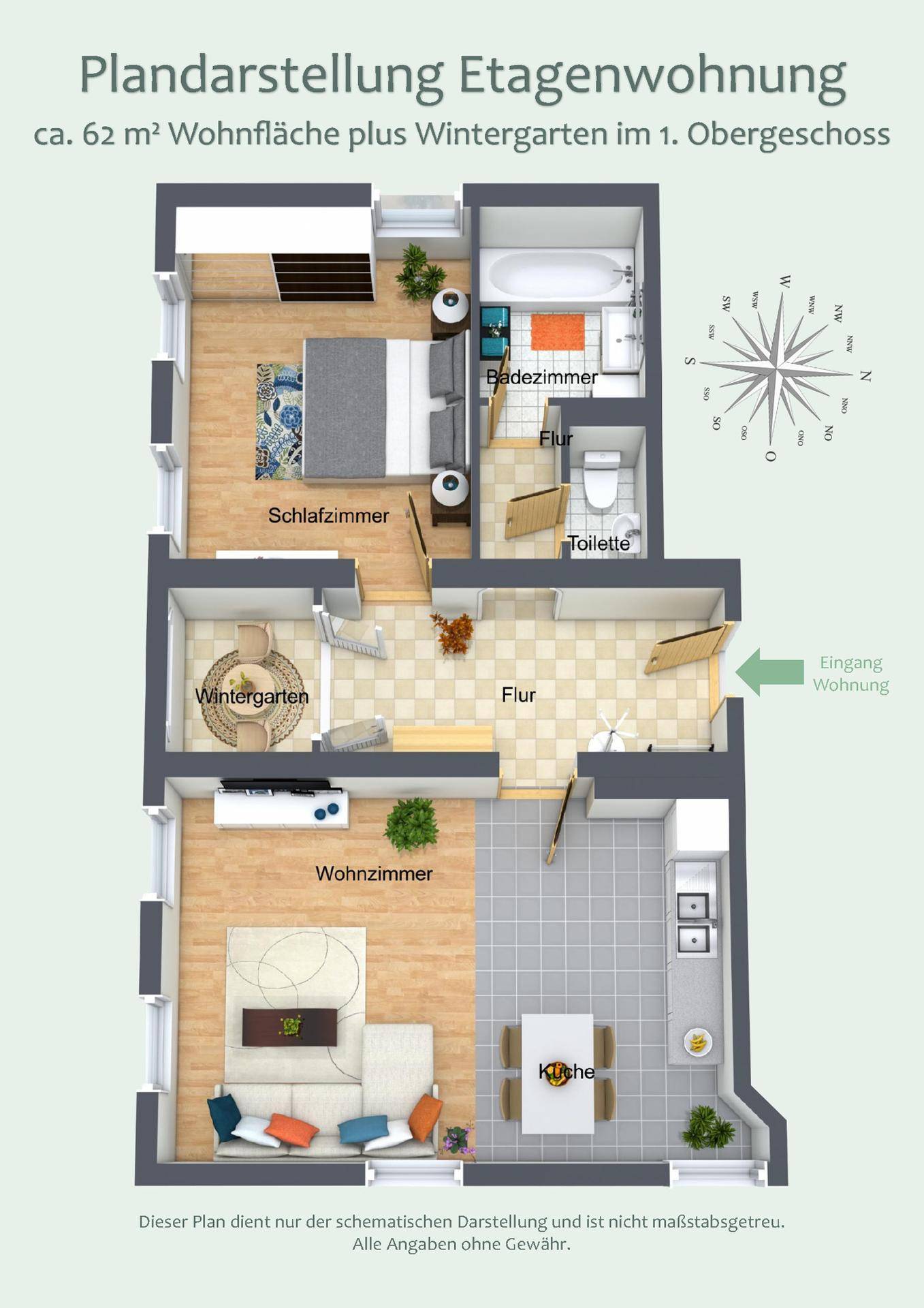 Detaillierter Grundriss einer Etagenwohnung mit 62 m² Wohnfläche und Wintergarten.