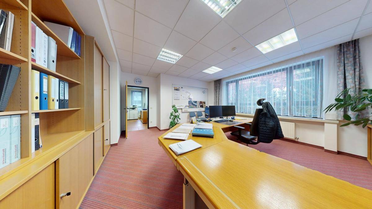 Großes Büro mit Teppichboden, Holzregalen und einem Schreibtisch, der eine organisierte Arbeitsumgebung schafft.