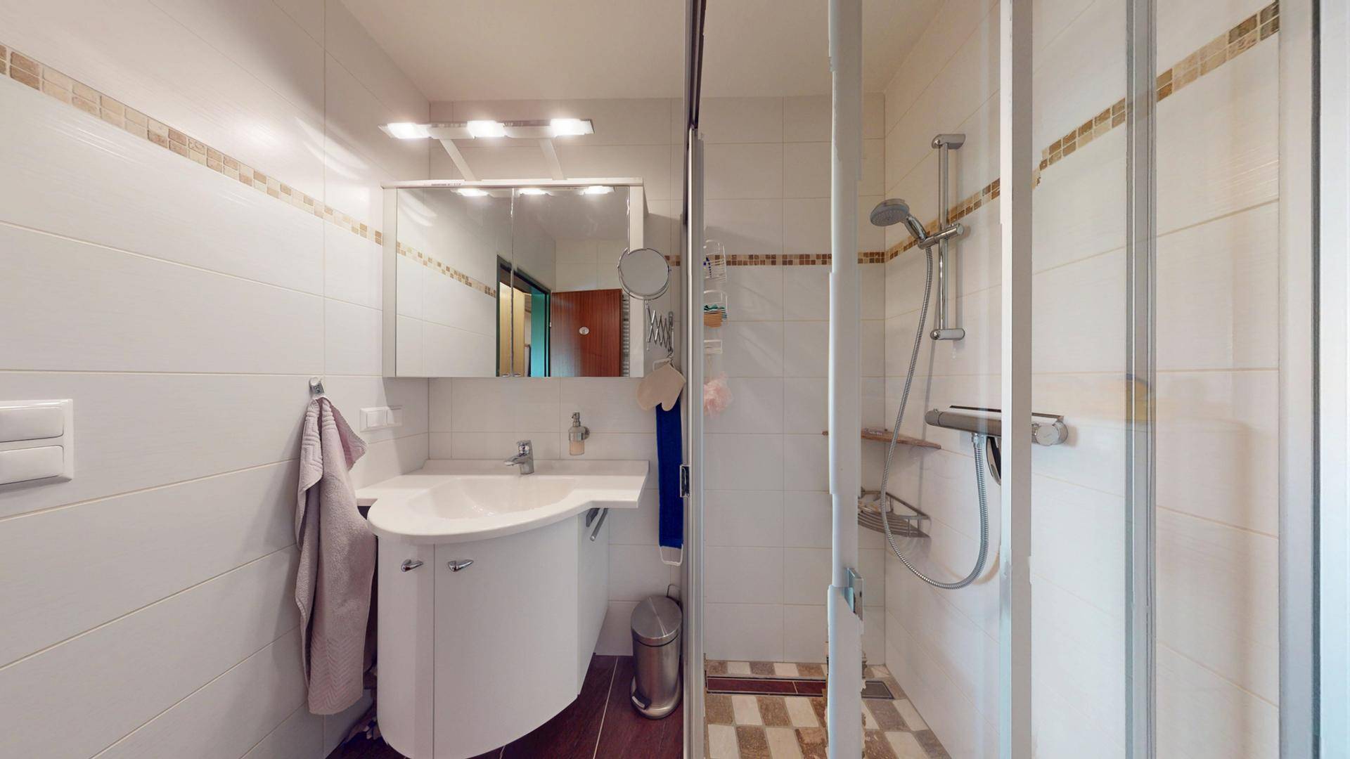 Modernes Badezimmer mit Duschkabine, Waschbecken und Spiegelschrank.