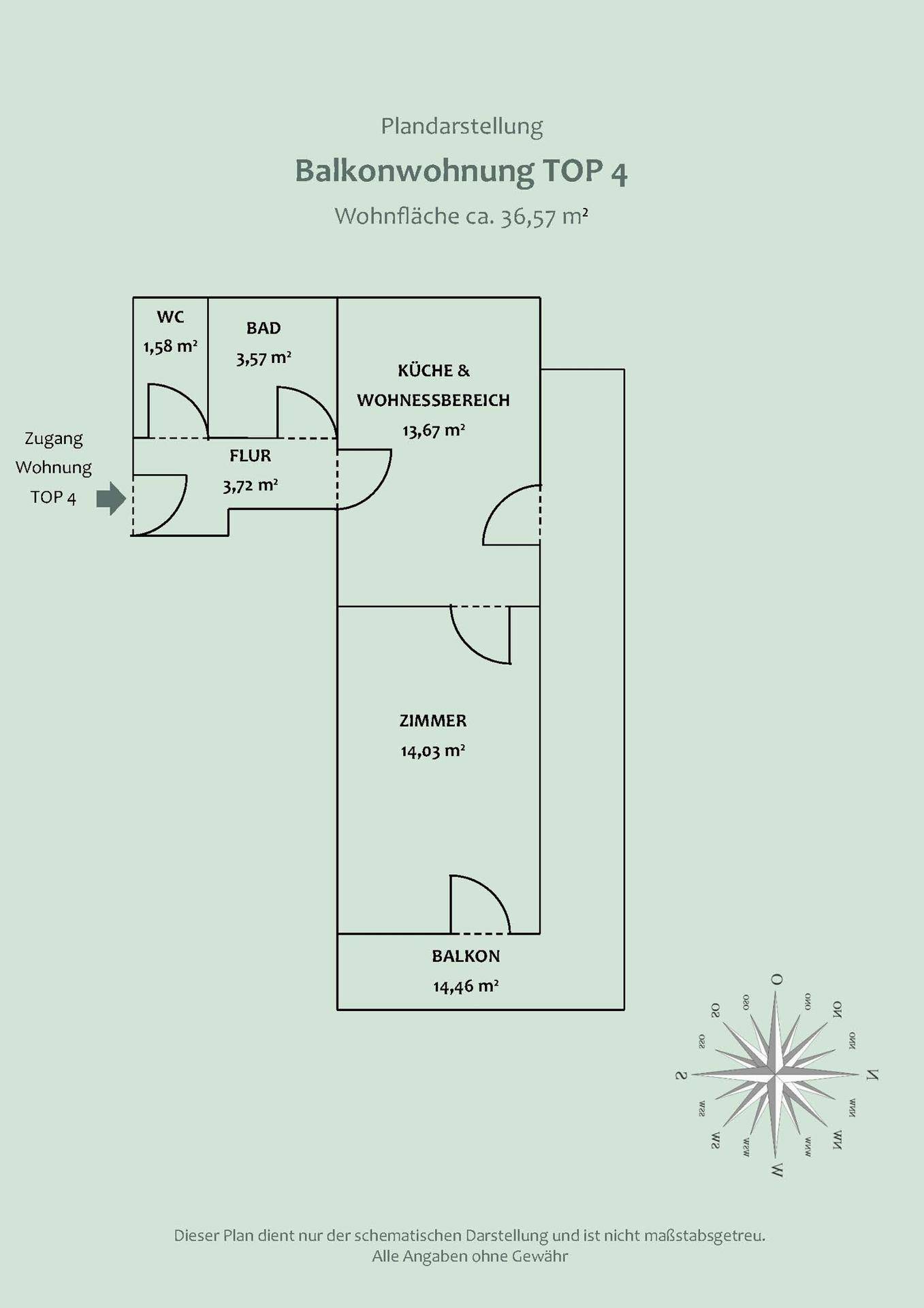 Grundriss der Balkonwohnung TOP 4 mit Küche, Wohnbereich und Schlafzimmer.