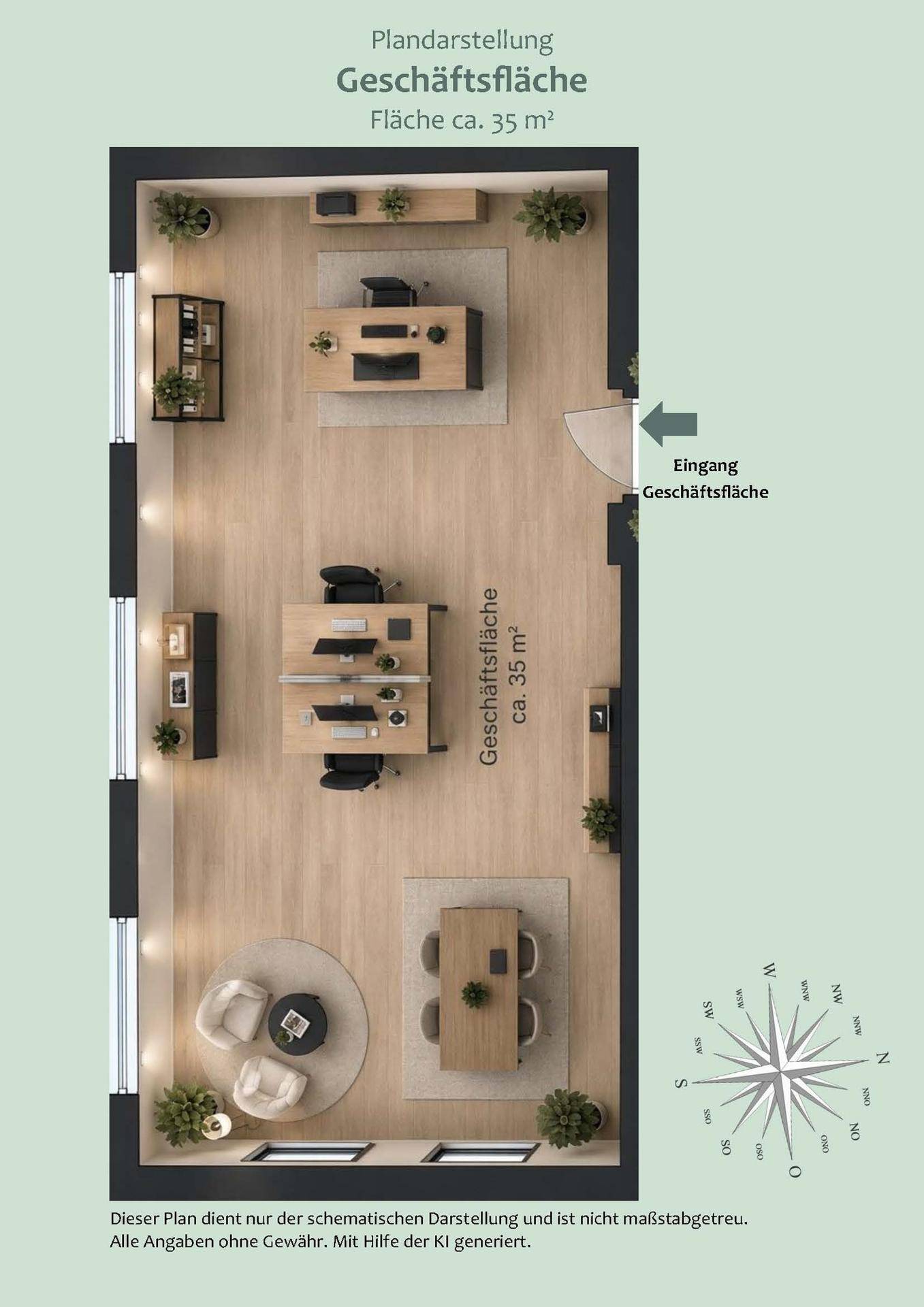 Grundriss einer Geschäftsfläche von ca. 35 m² mit Möblierungsvorschlägen und Eingangsbereich.