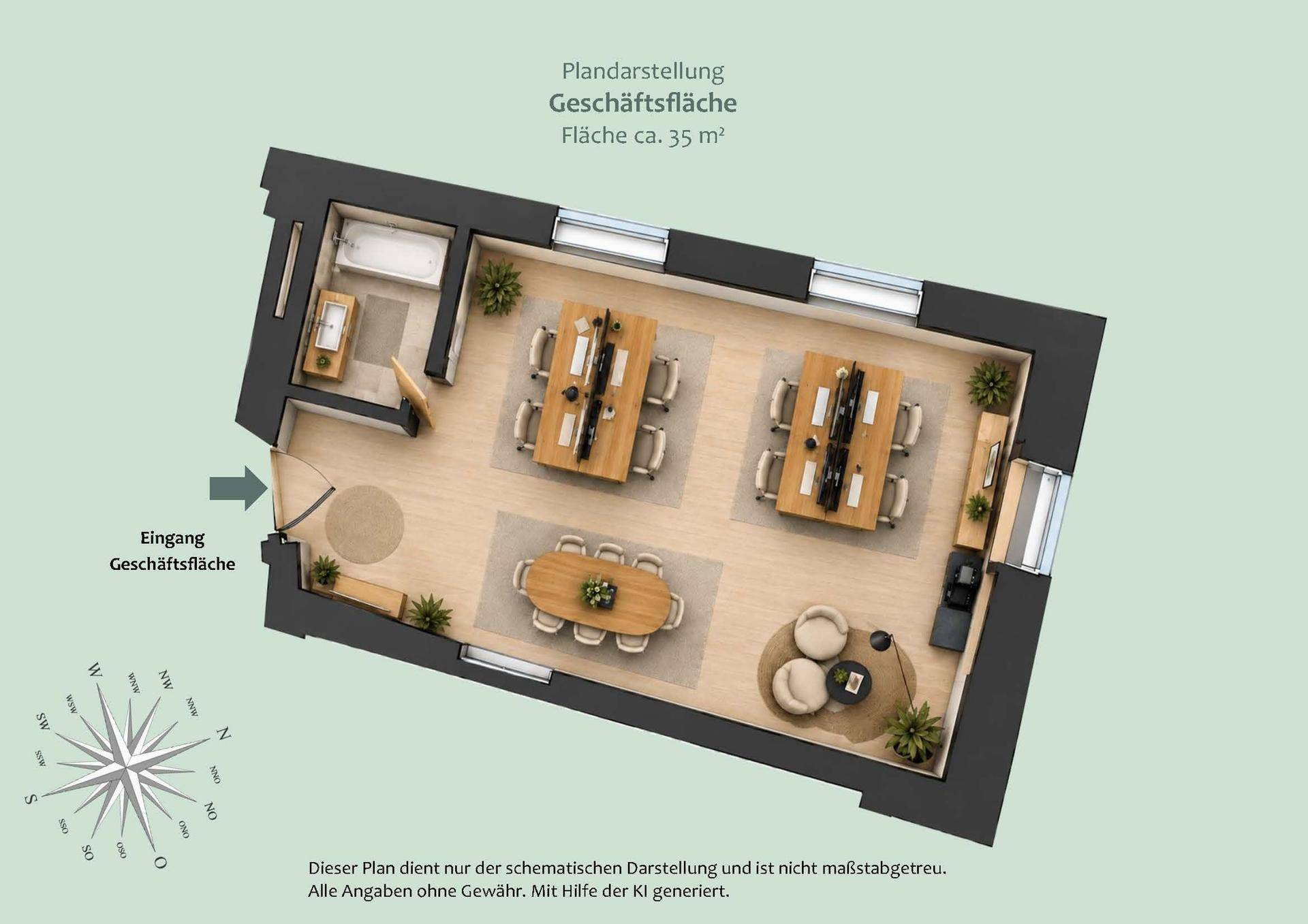 Grundrissdarstellung einer Geschäftsfläche von circa 35 m² mit Möblierungsvorschlag.