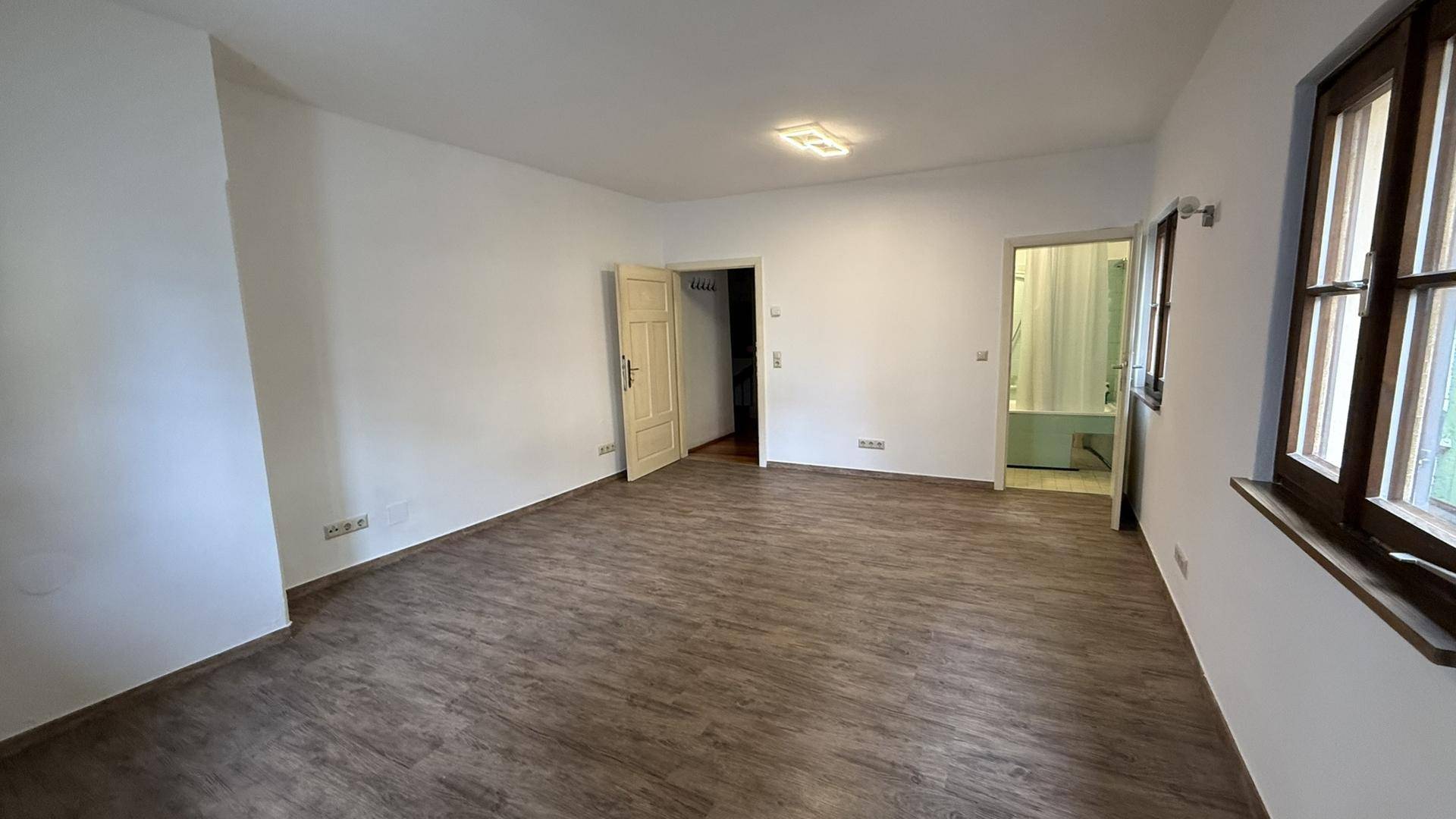 Großer, heller Raum mit Laminatboden und mehreren Türen, inklusive Zugang zum Badezimmer.