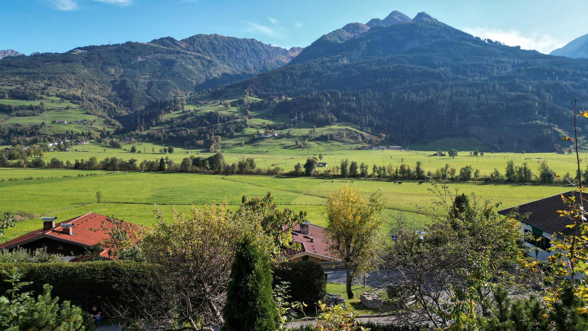 Panoramablick auf eine weite grüne Landschaft mit Feldern, Wäldern und einer beeindruckenden Bergkulisse.
