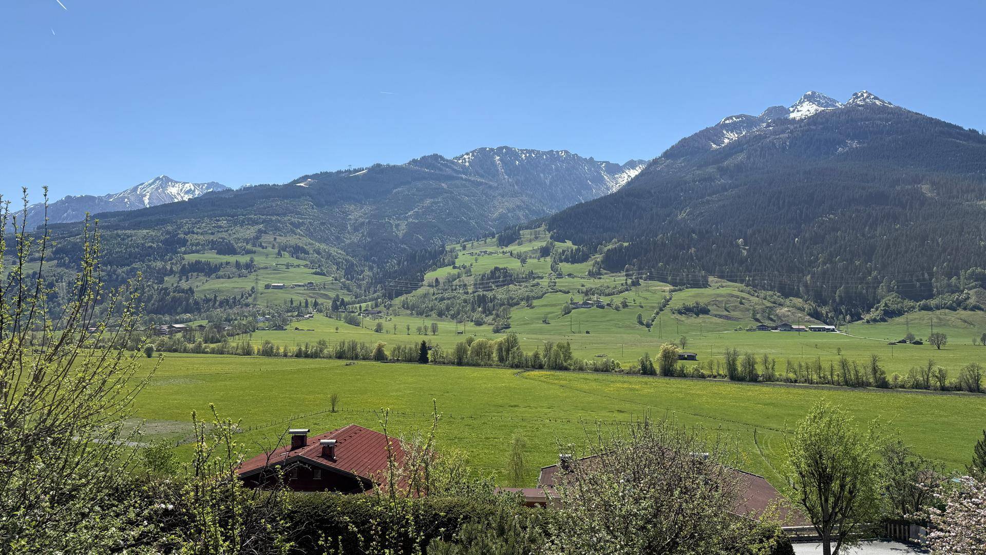 Sonniger Ausblick auf grüne Täler und schneebedeckte Berggipfel unter blauem Himmel.