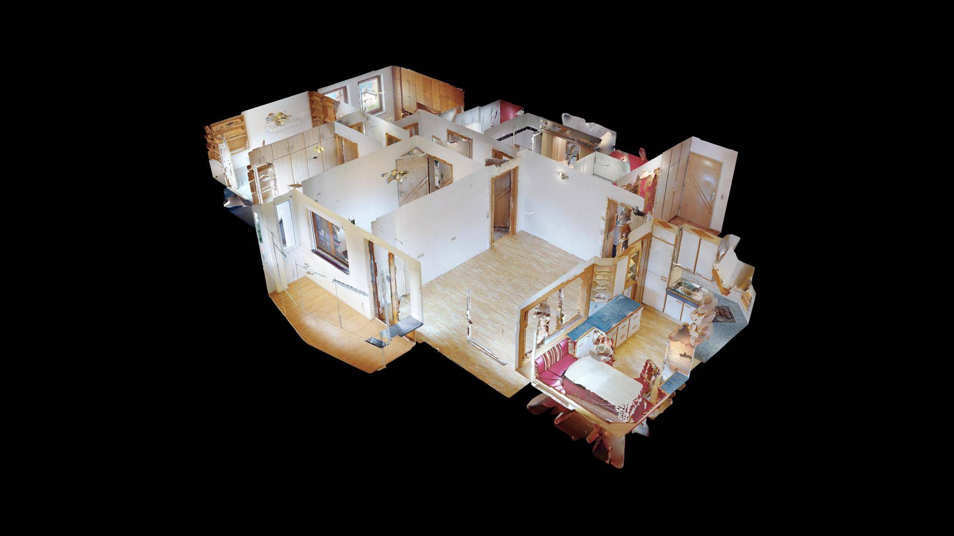 3D-Grundrissvisualisierung der Wohnung mit offener Raumaufteilung und verschiedenen Zimmern.