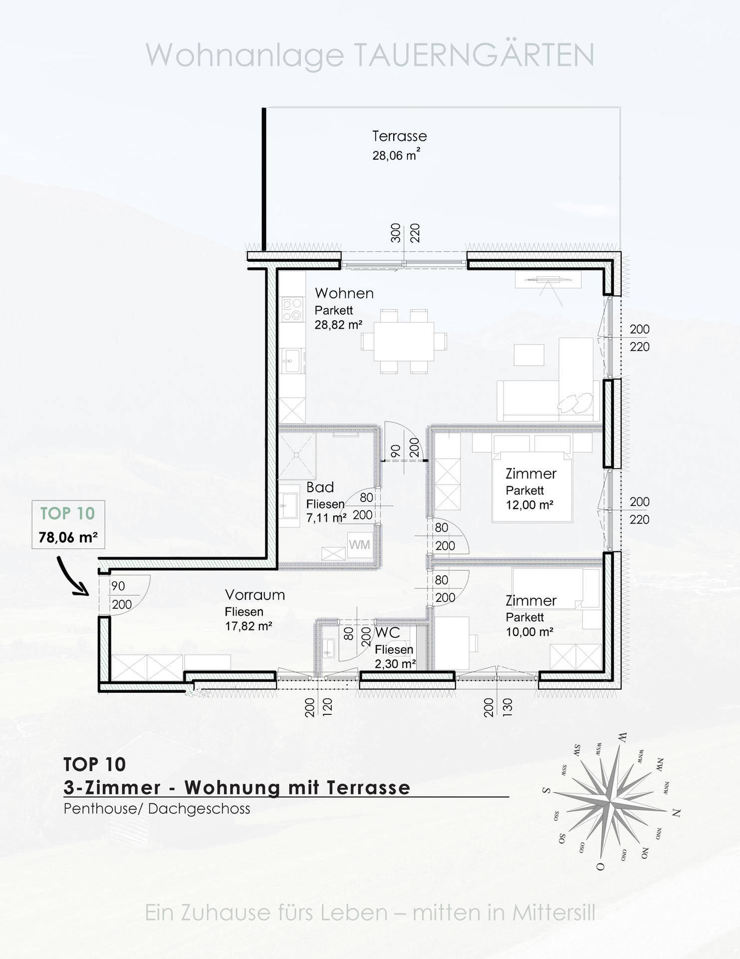 Grundriss einer 3-Zimmer-Wohnung mit Terrasse im Dachgeschoss.