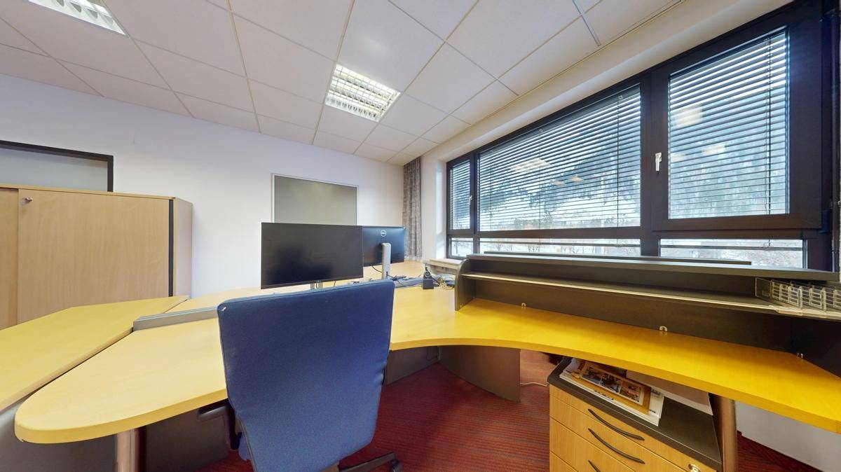 Büro mit Teppichboden, großen Fenstern mit Jalousien und einem ergonomischen Schreibtisch.