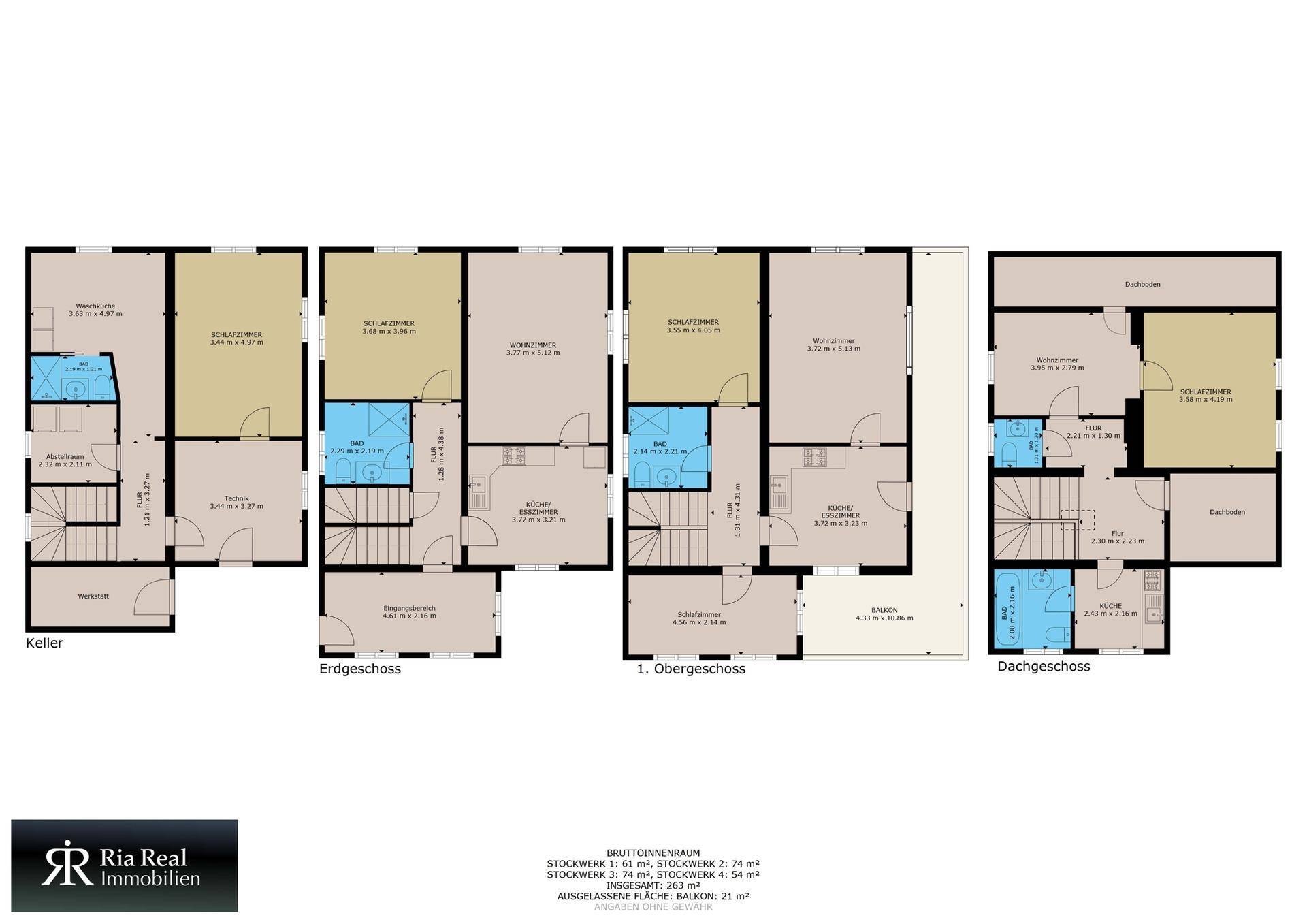 Detaillierter Grundrissplan über vier Etagen, inklusive Keller, Erdgeschoss, 1. Obergeschoss und Dachgeschoss, mit Balkon und mehreren Bädern.