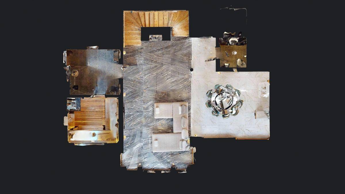 Virtueller Grundriss des Erdgeschosses mit luxuriösem Marmorboden und Treppenhaus.
