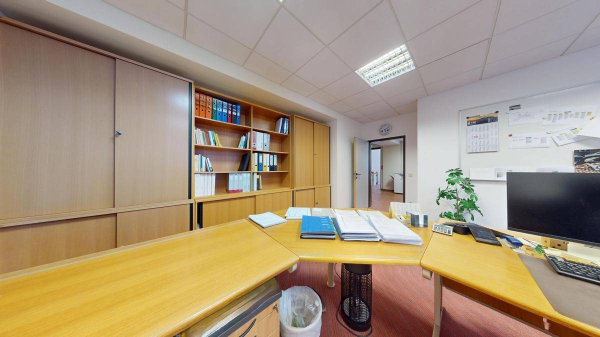 Büro mit Teppichboden, Holzregalen und einem Schreibtisch, der viel Platz für Dokumente bietet.