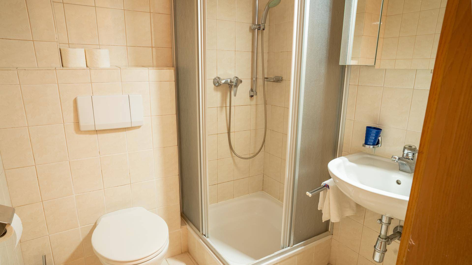 Kleines Badezimmer mit Duschkabine, WC und Waschbecken, hell gefliest.