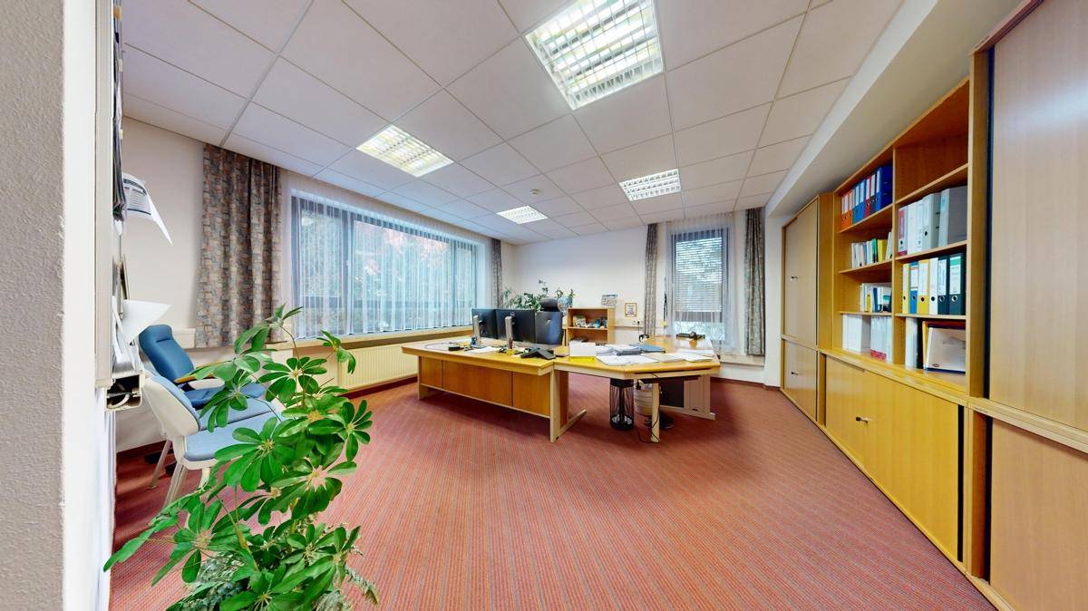 Geräumiges Büro mit Teppichboden, großen Fenstern und Holzregalen, bietet viel Stauraum und Arbeitsfläche.