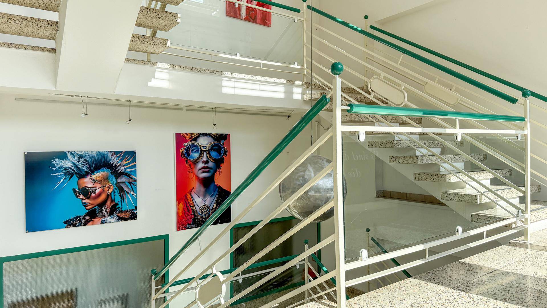 Modernes Treppenhaus mit Glasgeländer und künstlerischen Wandbildern, das mehrere Etagen verbindet.