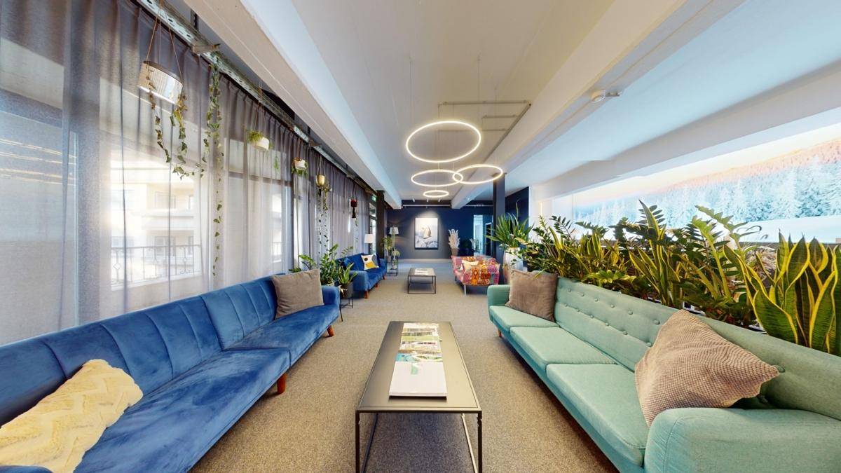 Geräumiger Loungebereich mit bequemen Sofas, Pflanzen und modernen Ringlampen, ideal zum Entspannen oder Warten.
