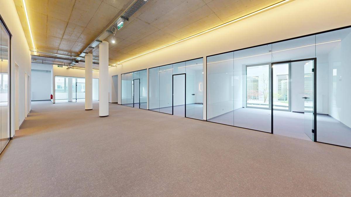 Heller Büroraum mit Teppichboden, Glaswänden und modernen Säulen, bietet eine offene und flexible Arbeitsumgebung.