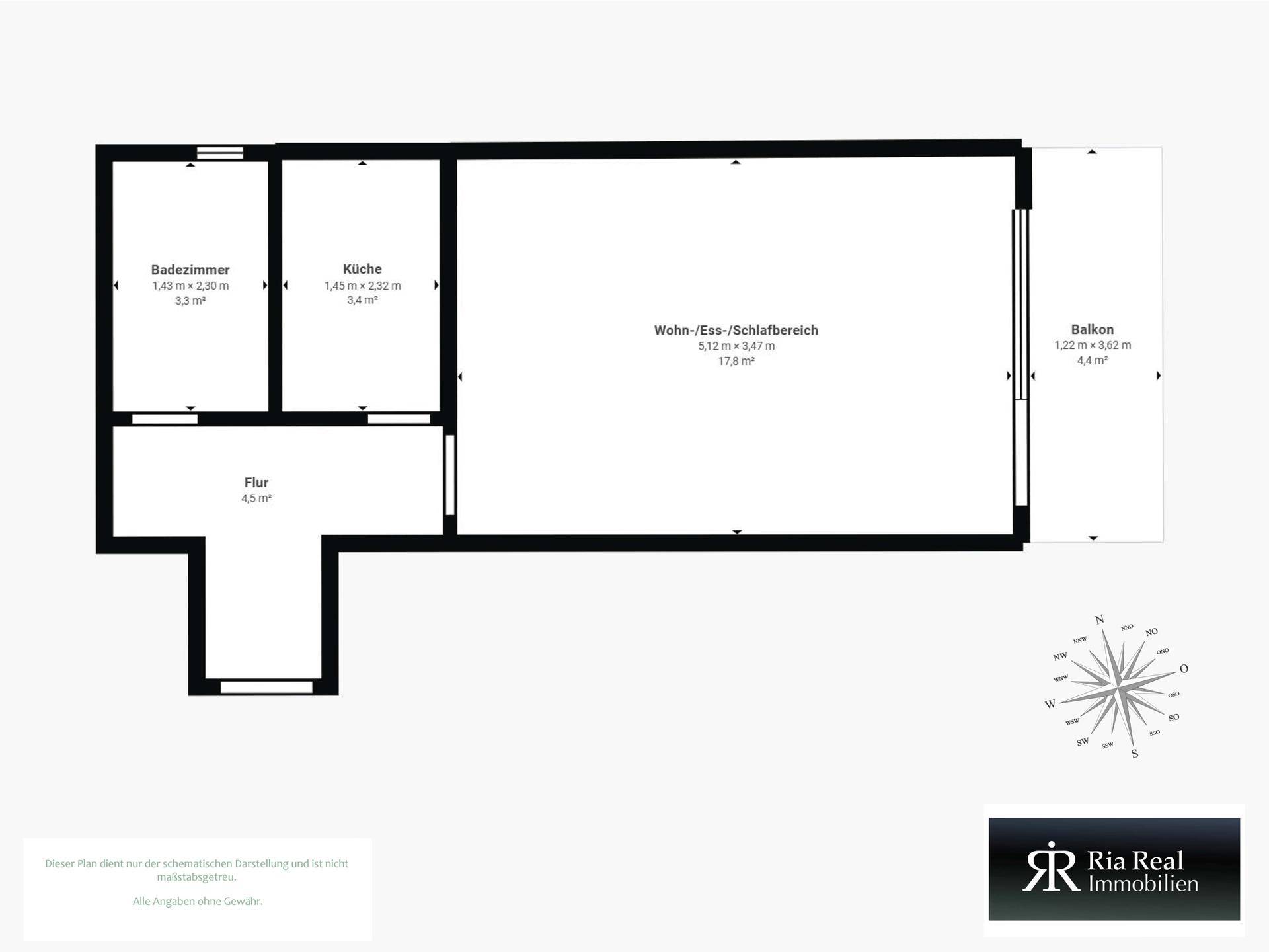 Grundriss der Wohnung mit Badezimmer, Küche, Wohn-/Ess-/Schlafbereich und Balkon.