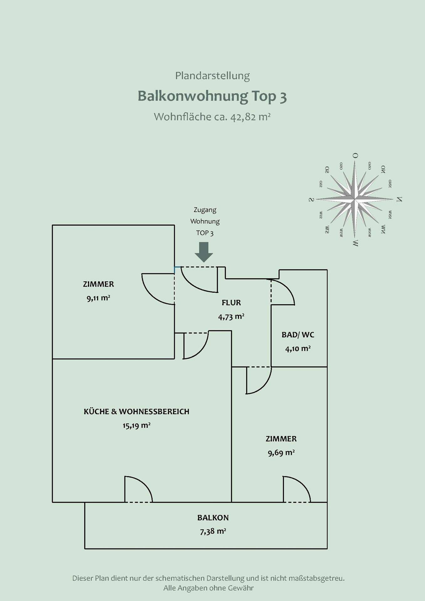 Grundriss der Balkonwohnung Top 3 mit 42,82 m² Wohnfläche und offenem Wohnbereich.