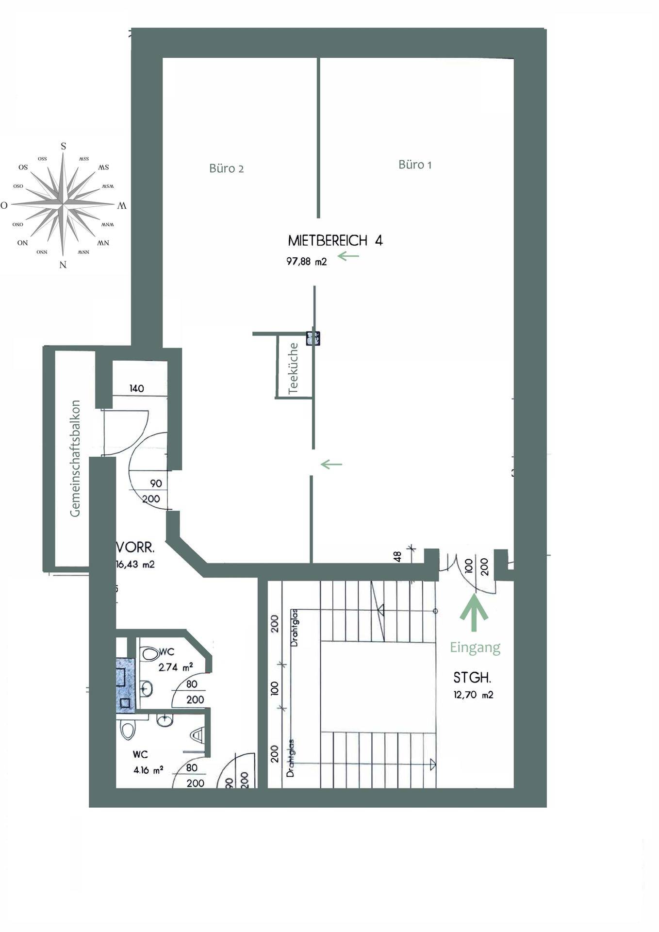 Grundrissplan eines Mietbereichs mit zwei Büros, Teeküche, WC und Gemeinschaftsbalkon, detailliert dargestellt.