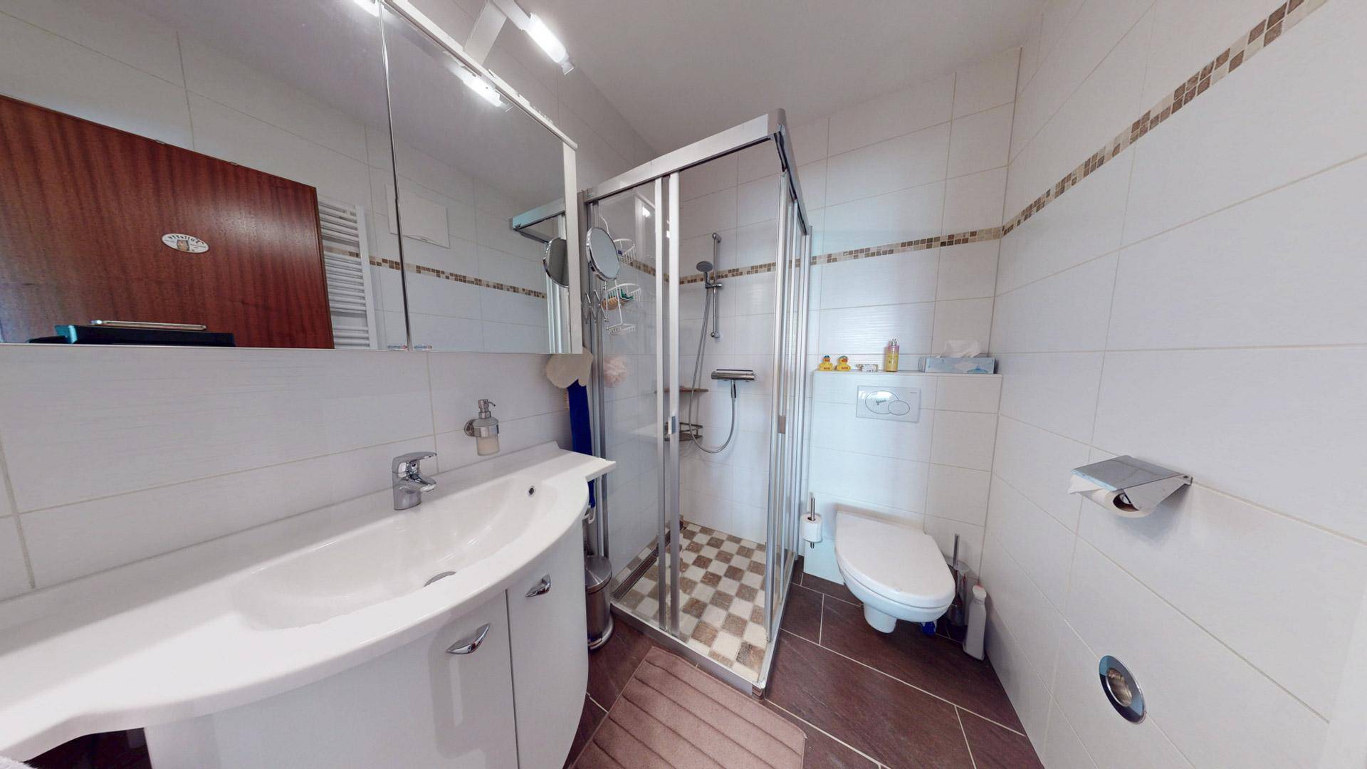 Modernes Badezimmer mit Duschkabine, WC und Waschtisch mit Spiegelschrank.