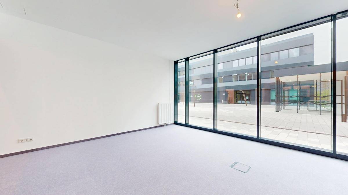Heller Büroraum mit großen Fenstern und Blick auf den Innenhof, ausgestattet mit Teppichboden und Heizkörper.