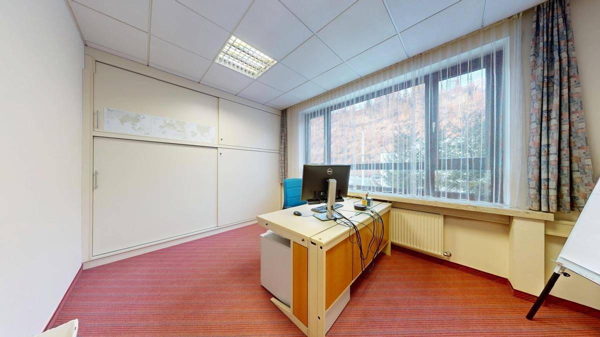 Helles Büro mit großem Fenster, Teppichboden und einem Schreibtisch, ideal für konzentriertes Arbeiten.