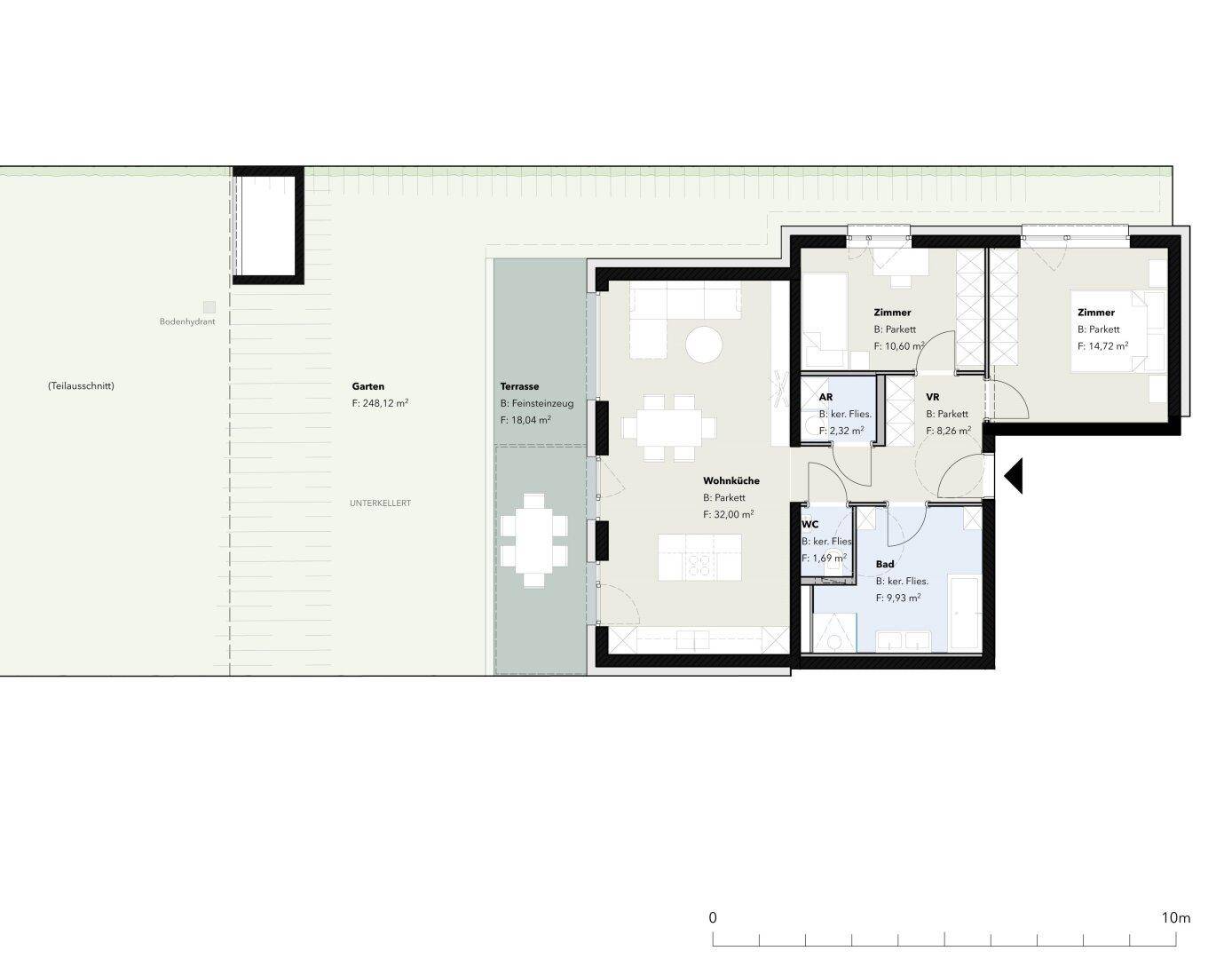 Grundriss einer Erdgeschosswohnung mit Terrasse, Garten und drei Zimmern.