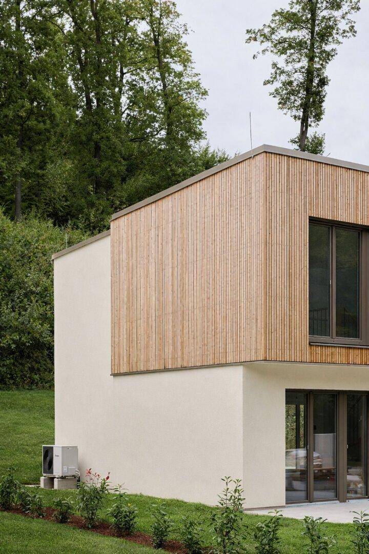 Seitenansicht eines modernen Hauses mit Holzfassade und externer Klimaanlage/Wärmepumpe.