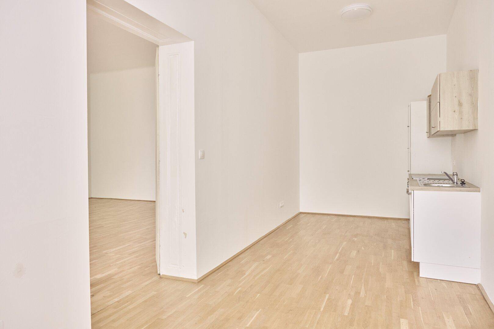 Heller Raum mit kleiner Küchenzeile und offenem Zugang zu einem weiteren Zimmer.