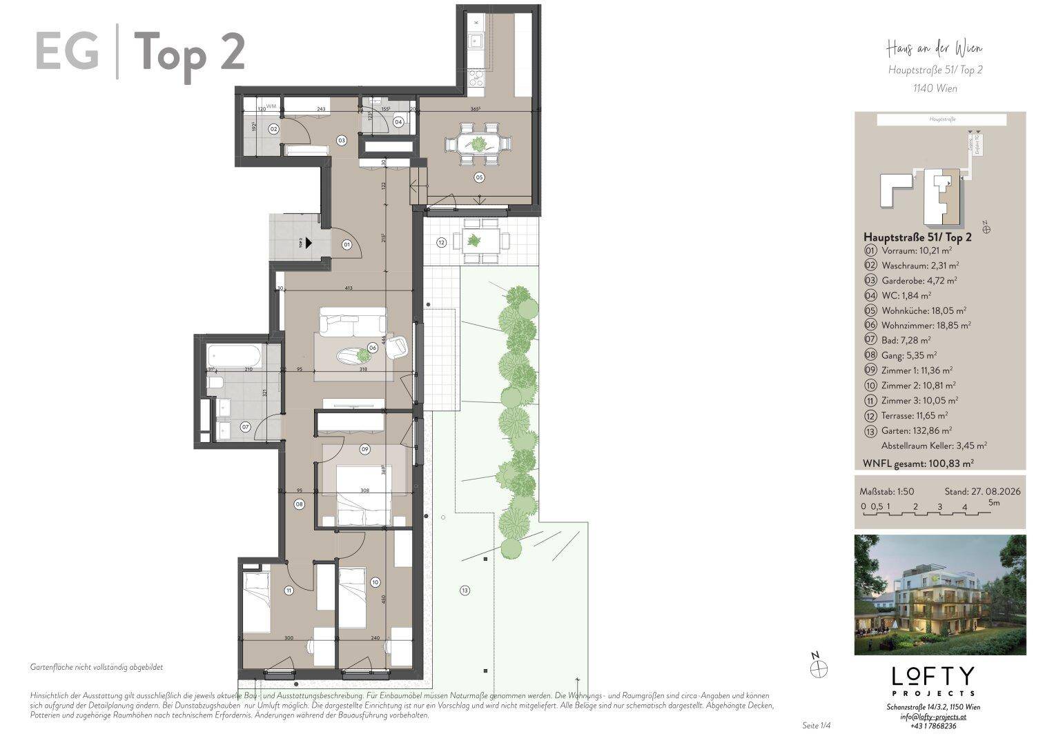 Grundriss der Erdgeschosswohnung Top 2 mit offenem Wohn-Essbereich, drei Schlafzimmern, Bad, separatem WC, Terrasse und großem Garten.