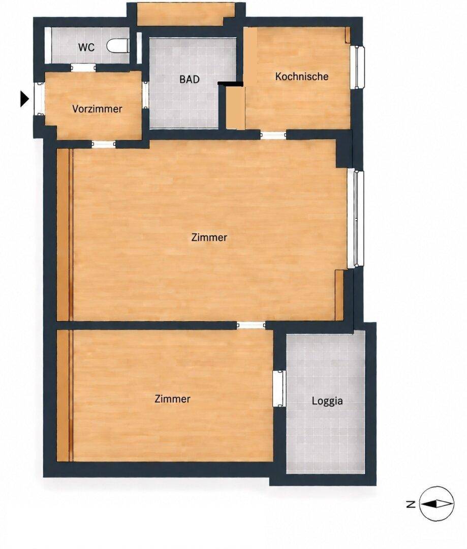 Grundriss einer Wohnung mit zwei Zimmern, separatem Bad und WC, Kochnische und Loggia.