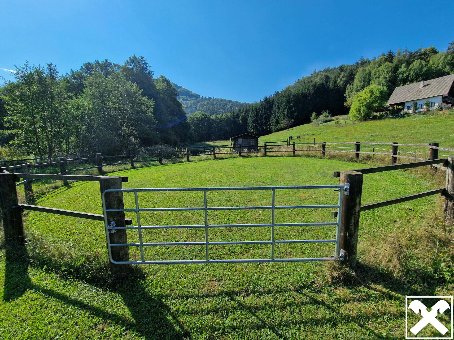 Ein grünes, eingezäuntes Feld mit einem Metalltor, umgeben von Wäldern und Bergen unter blauem Himmel.