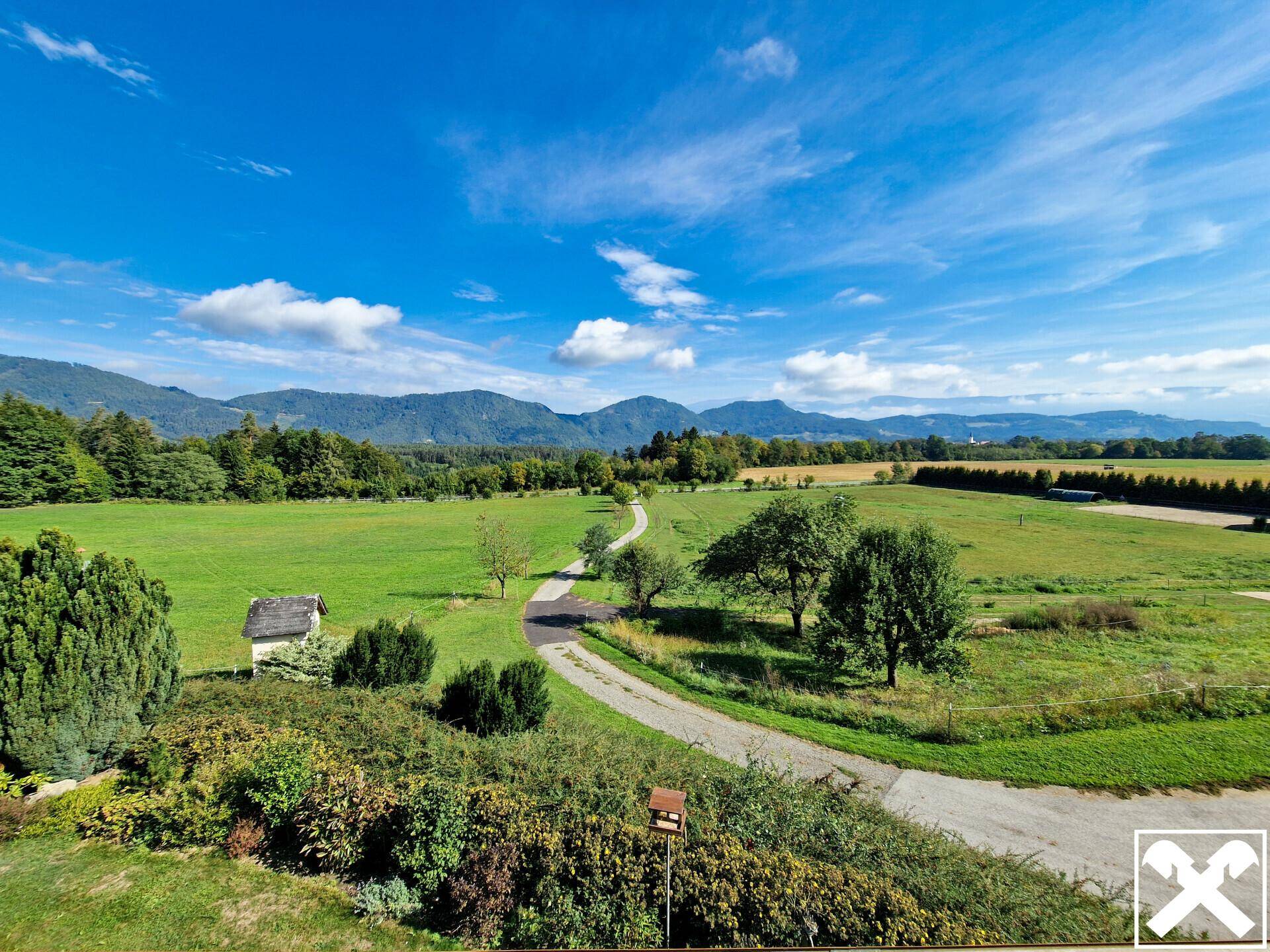 Panoramablick über grüne Felder und Wälder mit Bergen im Hintergrund unter blauem Himmel.