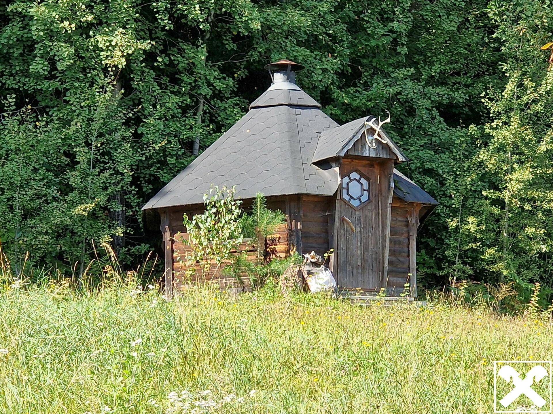 Kleine Holzhütte im Waldrand mit dekorativen Hirschgeweihen und grüner Wiese.