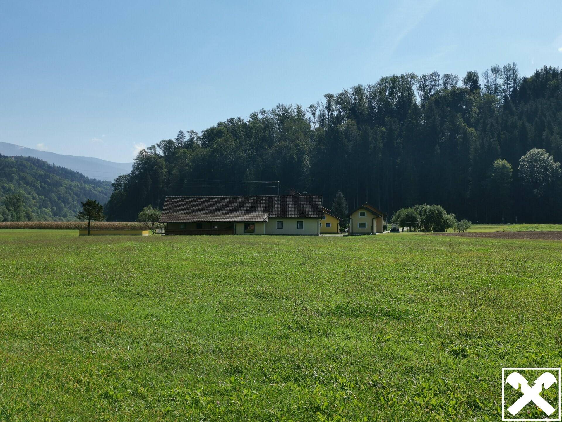 Weitläufige grüne Wiesen und Wälder umgeben das Anwesen unter blauem Himmel.