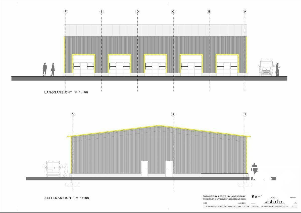 Längs- und Seitenansicht eines modernen Geschäftsgebäudes mit Rolltoren und klaren, industriellen Designlinien.