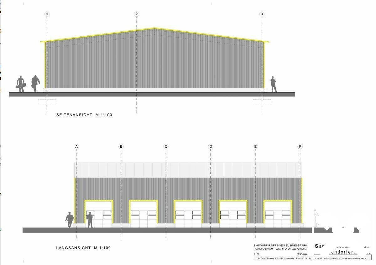 Seiten- und Längsansicht eines Geschäftsgebäudes mit mehreren Rolltoren und einer modernen, funktionalen Fassade.