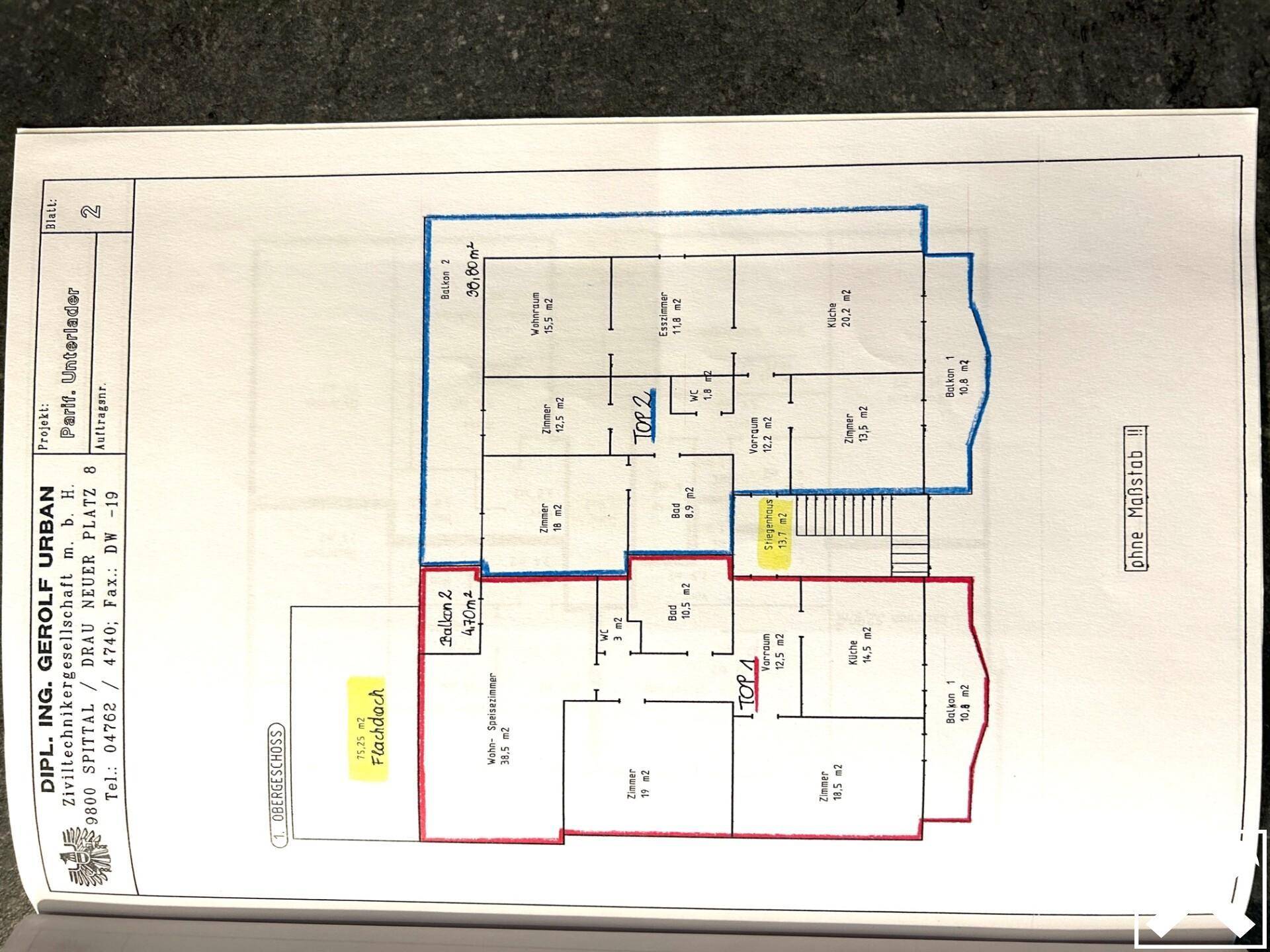 Grundriss 1. OG - Wohnung Top 2 und Wohnung Top 1 im Rohbau-Zustand inkl. Balkone