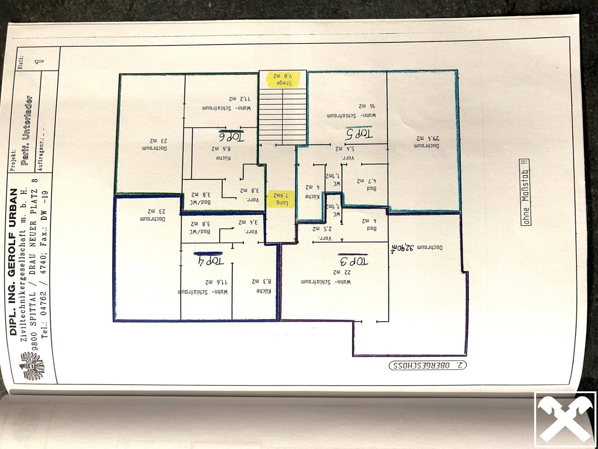 Grundriss 2. OG - Wohnungen Tops 3 bis 6 inkl. Rohdachboden-Flächen zum Ausbau