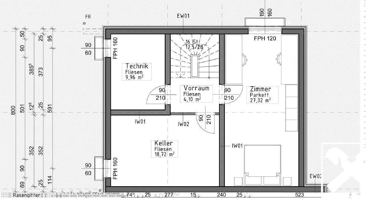 Grundriss des Kellergeschosses mit Technikraum, großem Keller und einem zusätzlichen Zimmer.