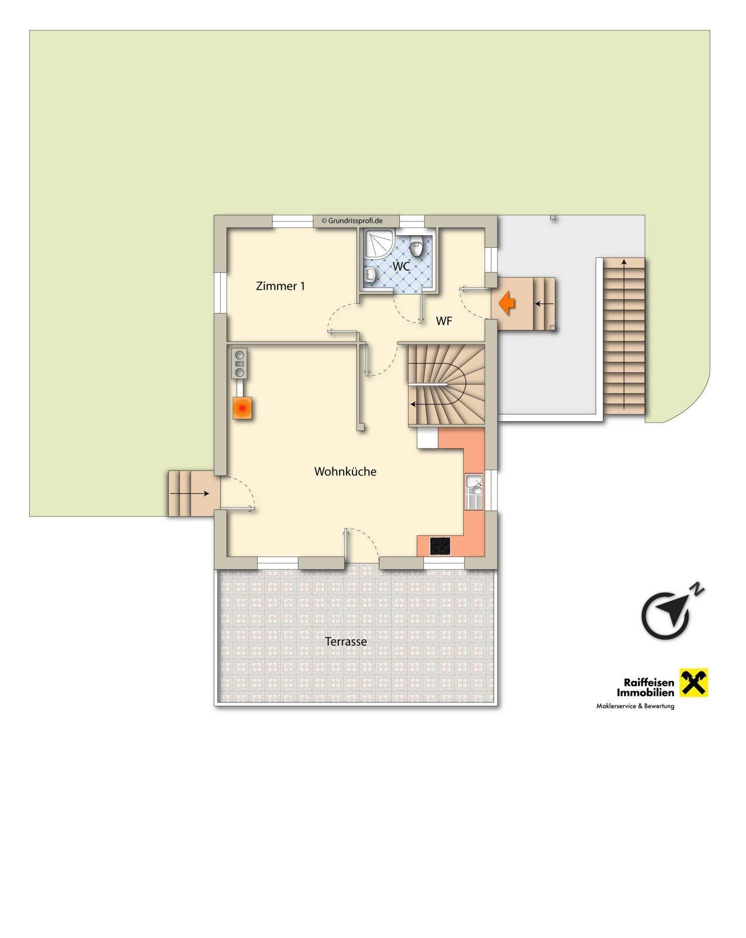 Grundriss des Erdgeschosses mit offener Wohnküche, Zimmer und direktem Zugang zur Terrasse.