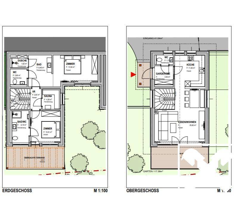 Grundrisse des Erdgeschosses und Obergeschosses mit Zimmern, Bädern und Garten.